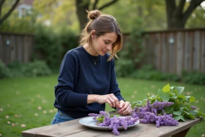Femme en jardin préparant des fleurs de glycine dans un cadre paisible
