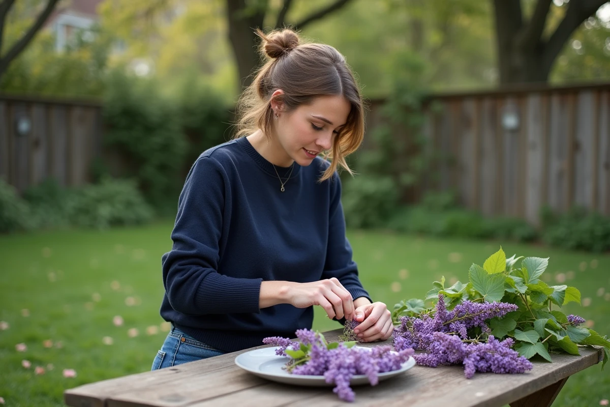 Femme en jardin préparant des fleurs de glycine dans un cadre paisible