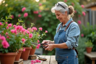 Femme en jardinage avec bougainvillée en main