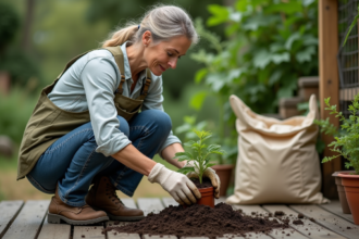Femme plantant du compost dans un pot biodégradable dans le jardin