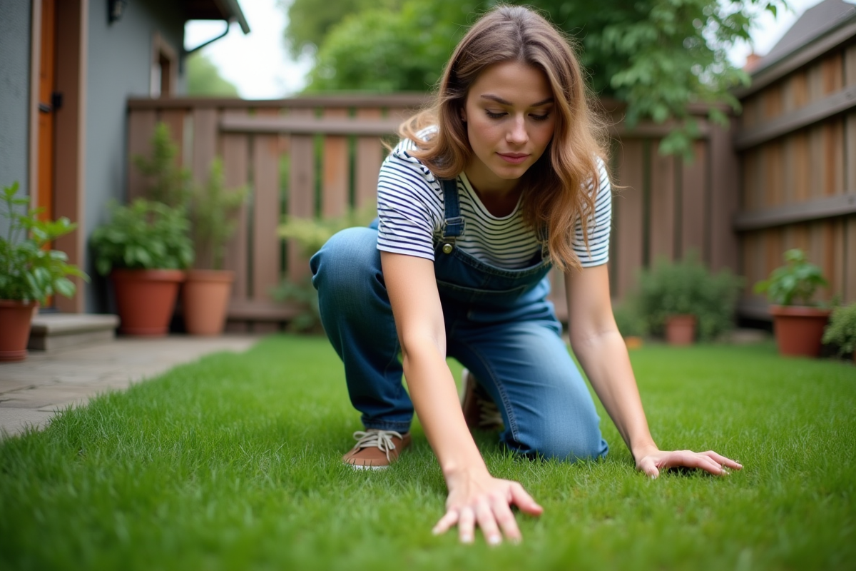 Femme en salopette et chemise tond sa pelouse