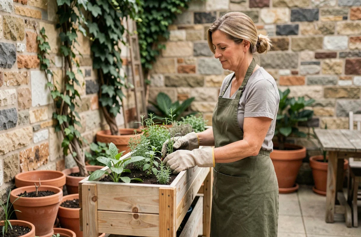 Femme jardinant confortablement debout devant une jardinière en bois surélevée sur une terrasse urbaine