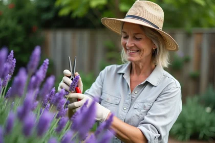 Femme en chapeau de paille et gants taillant la lavande