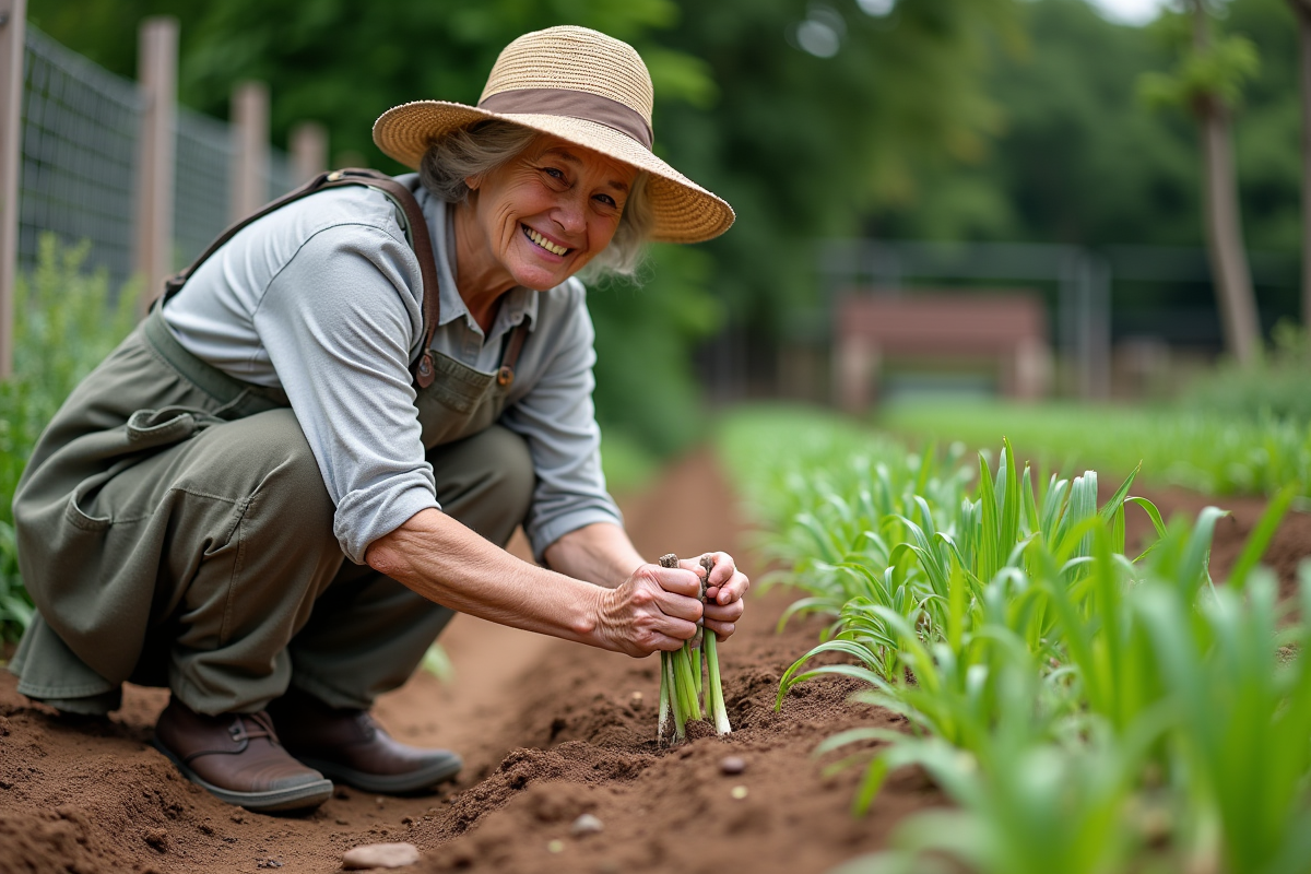 Femme âgée plantant des poireaux dans un jardin rural