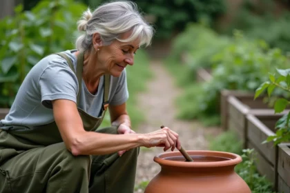 Femme jardinière inspectant une eau de pluie collectée dans un pot en terre cuite au potager