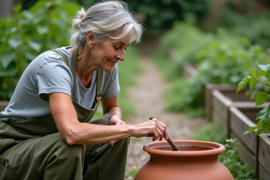 Femme jardinière inspectant une eau de pluie collectée dans un pot en terre cuite au potager