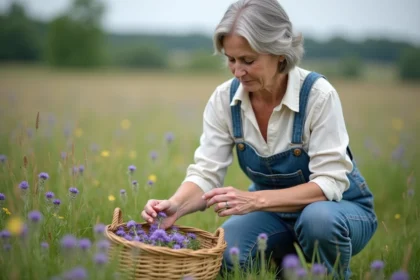Femme en champs de fleurs cueillant des violettes sauvages