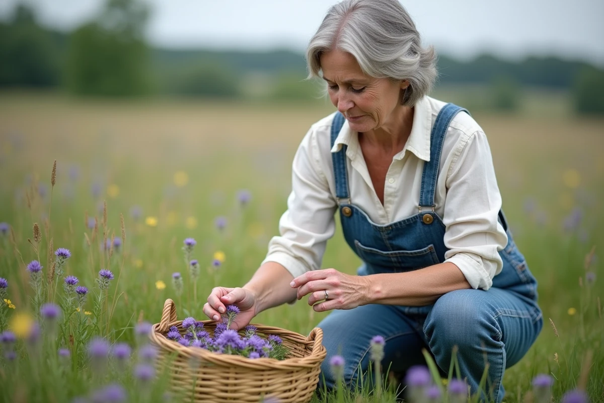 Femme en champs de fleurs cueillant des violettes sauvages