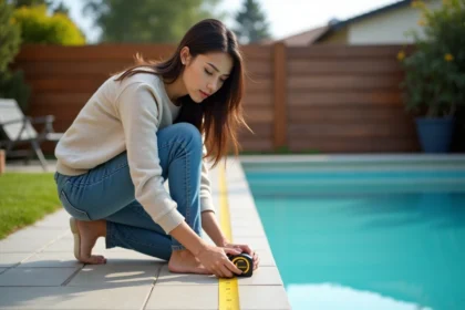 Femme en jeans vérifiant la piscine dans son jardin