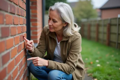 Femme regardant une coccinelle rouge sur un mur en briques
