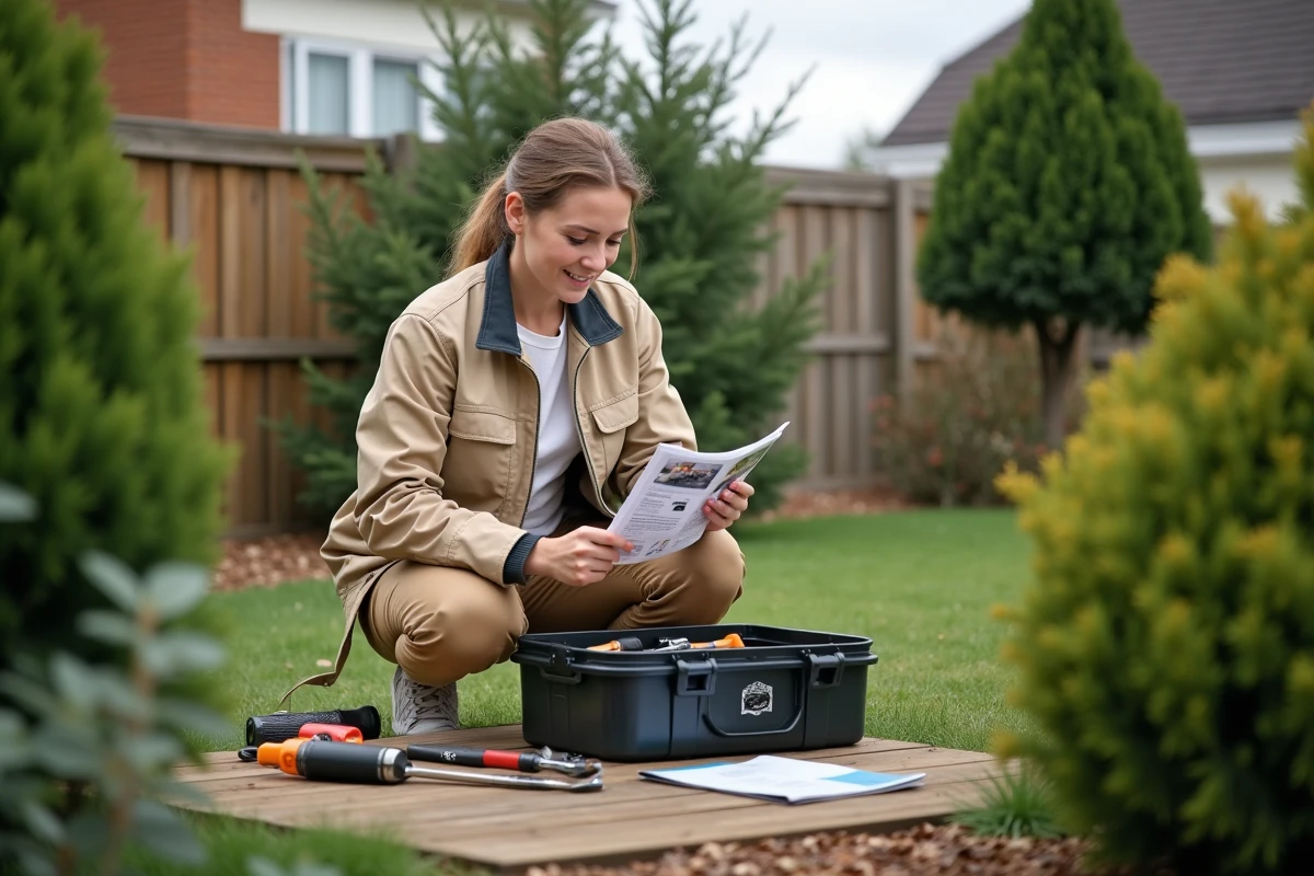 Femme jeune lit une brochure outils dans son jardin