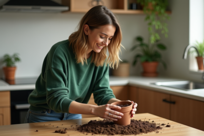 Femme remplissant un pot de terreau dans la cuisine