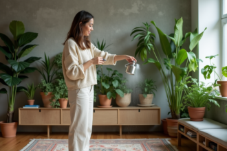 Femme arrosant plantes vertes dans un salon moderne