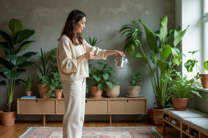 Femme arrosant plantes vertes dans un salon moderne