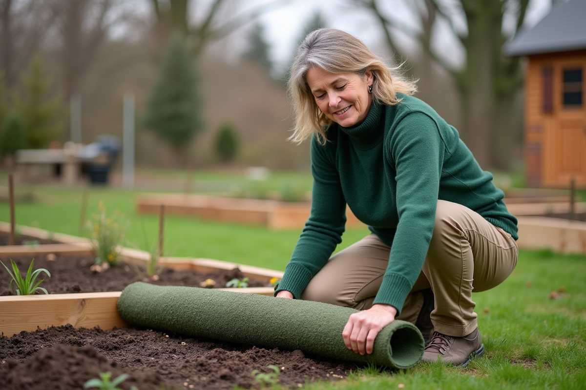 Femme en vêtements décontractés pose du gazon dans un jardin communautaire