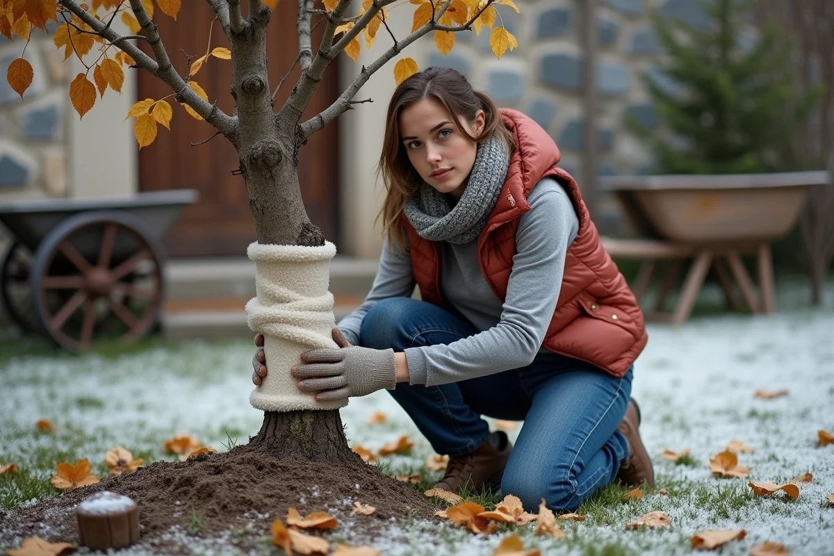 Jeune femme enveloppant un figuier avec une couverture dans son jardin rural