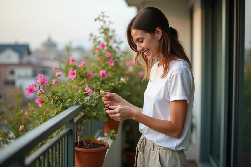 Femme en blanc prune un bougainvillée sur balcon urbain