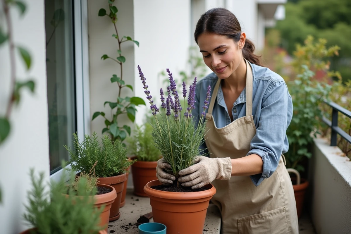 Femme rempotant de la lavande dans un pot en terre cuite sur un balcon méditerranéen avec des herbes aromatiques en arrière-plan