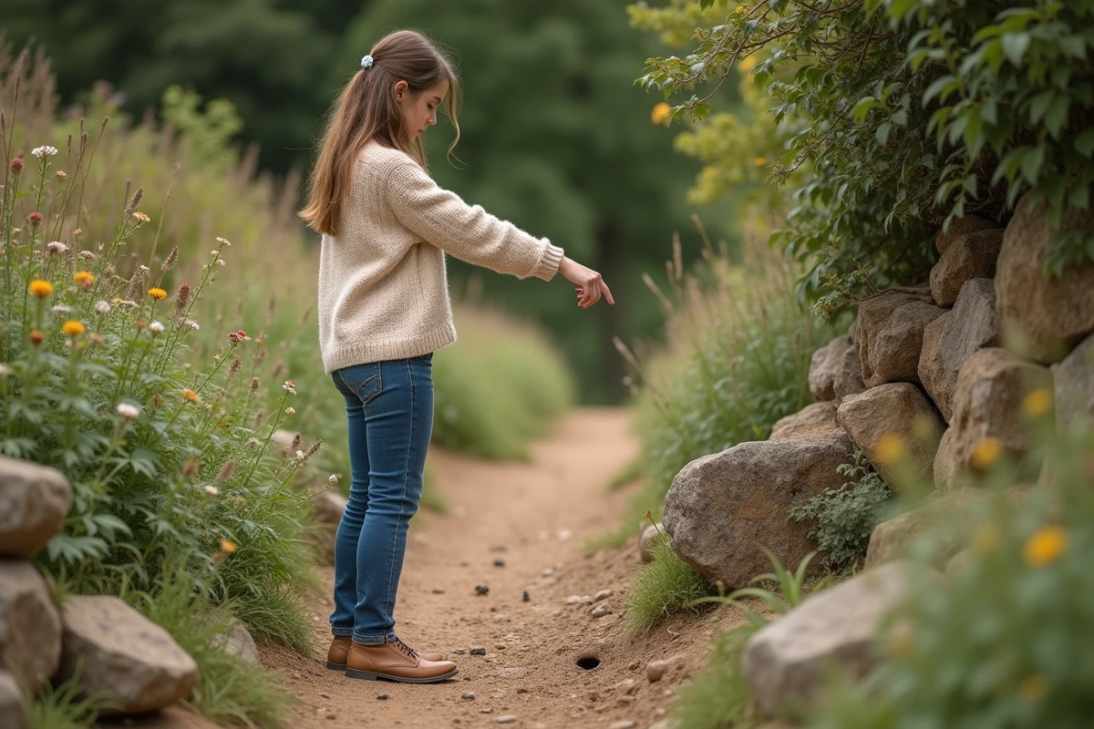 Jeune femme pointant un nid de guêpes dans un jardin rural