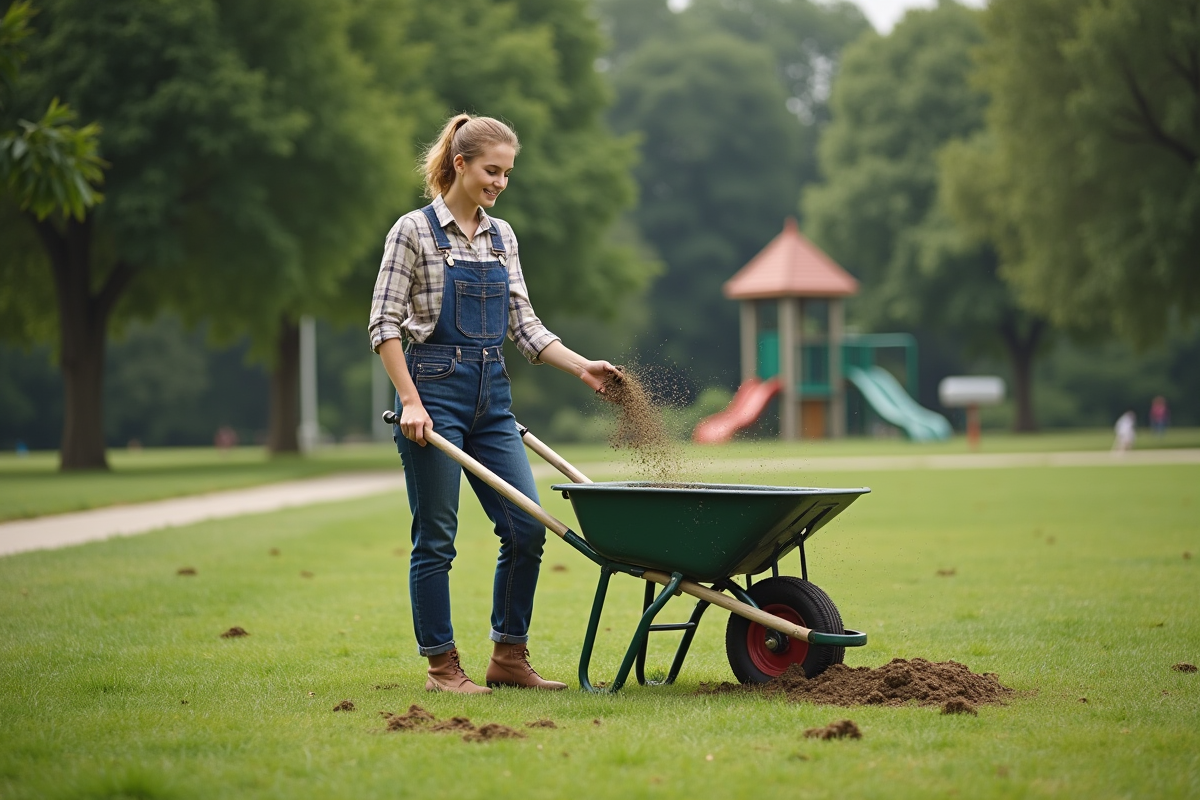 Jeune femme en salopette et chemise à carreaux semant du gazon dans un parc