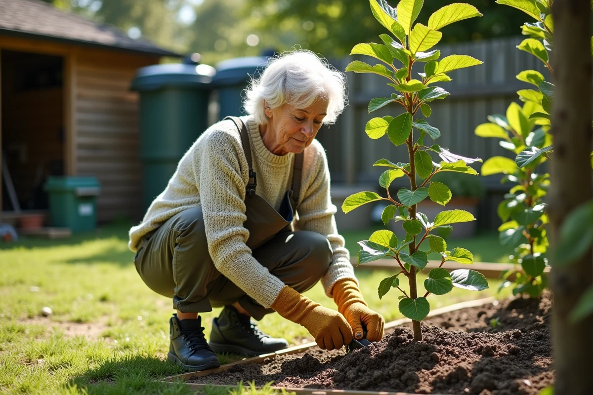 Femme âgée taillant un jeune figuier dans son jardin