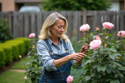 Femme en salopette taillant un rosier en jardin