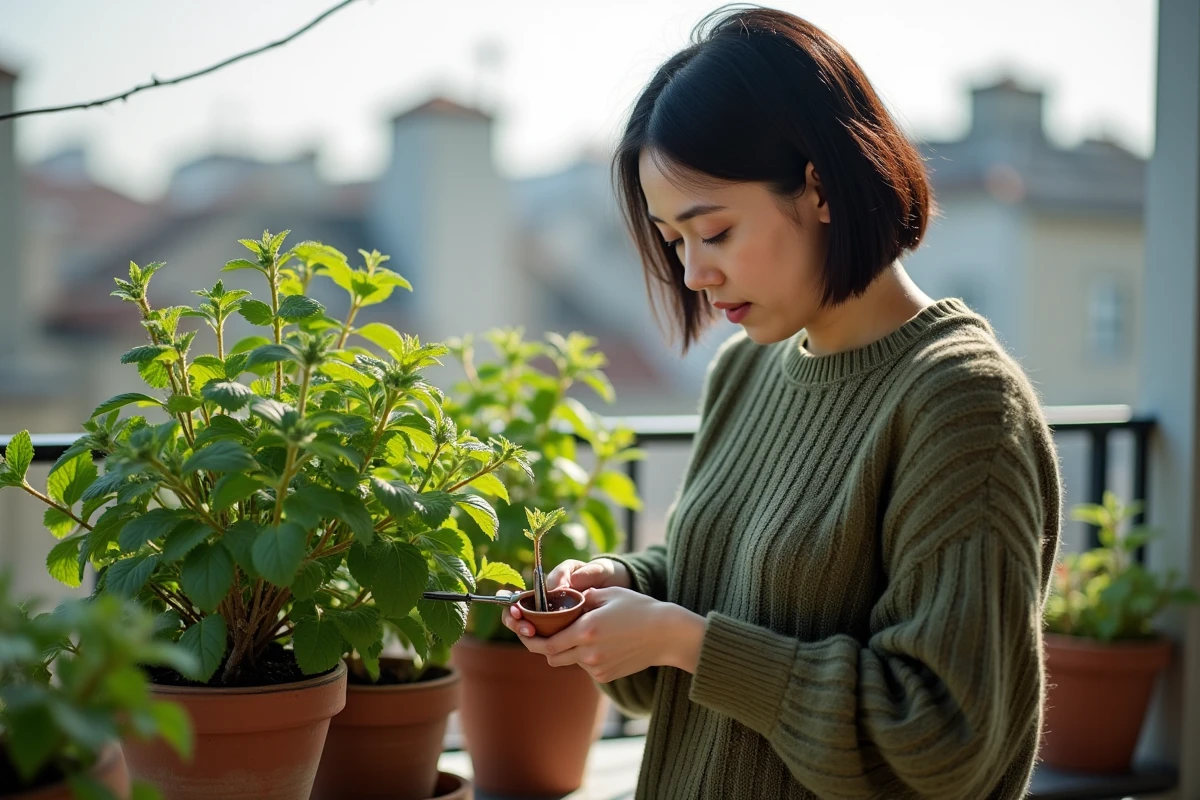 Femme taillant les feuilles noircies d'un plant de menthe sur un balcon urbain