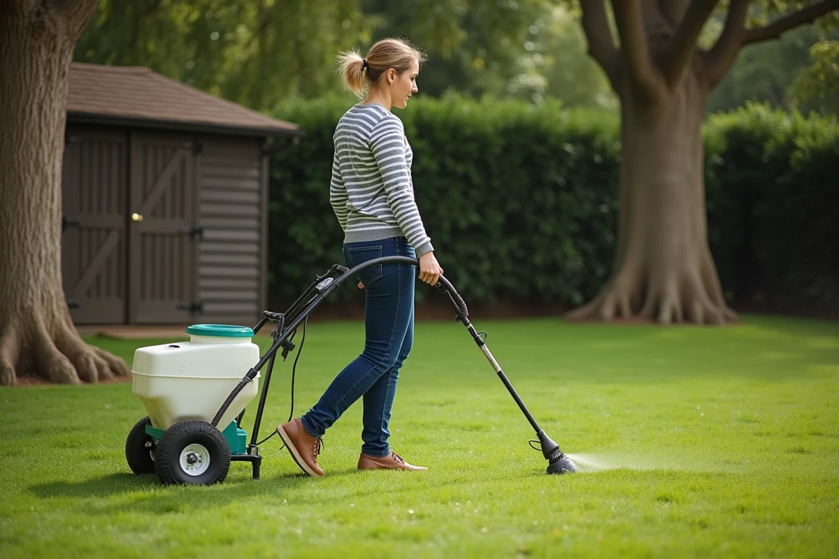 Femme utilisant un pulvérisateur à roulettes pour le traitement sélectif d'une grande pelouse dans un jardin avec abri de jardin