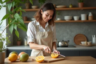 Jeune femme coupe un ceriman dans une cuisine lumineuse