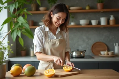 Jeune femme coupe un ceriman dans une cuisine lumineuse