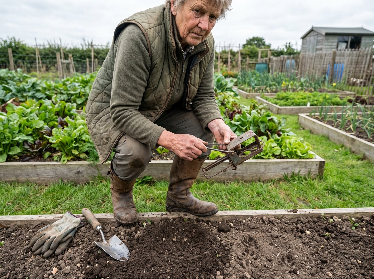 Femme âgée examine une trappe à taupe dans son potager