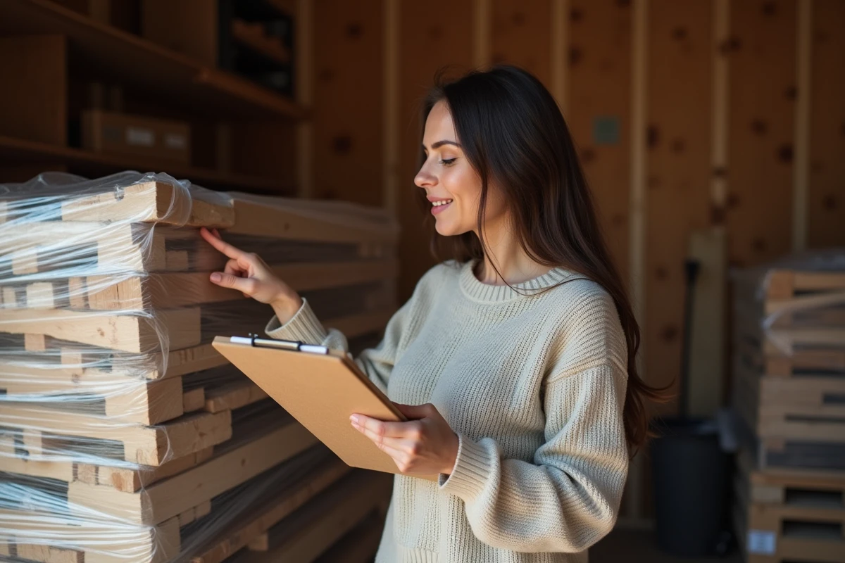 Jeune femme dans un garage vérifiant une livraison de bois
