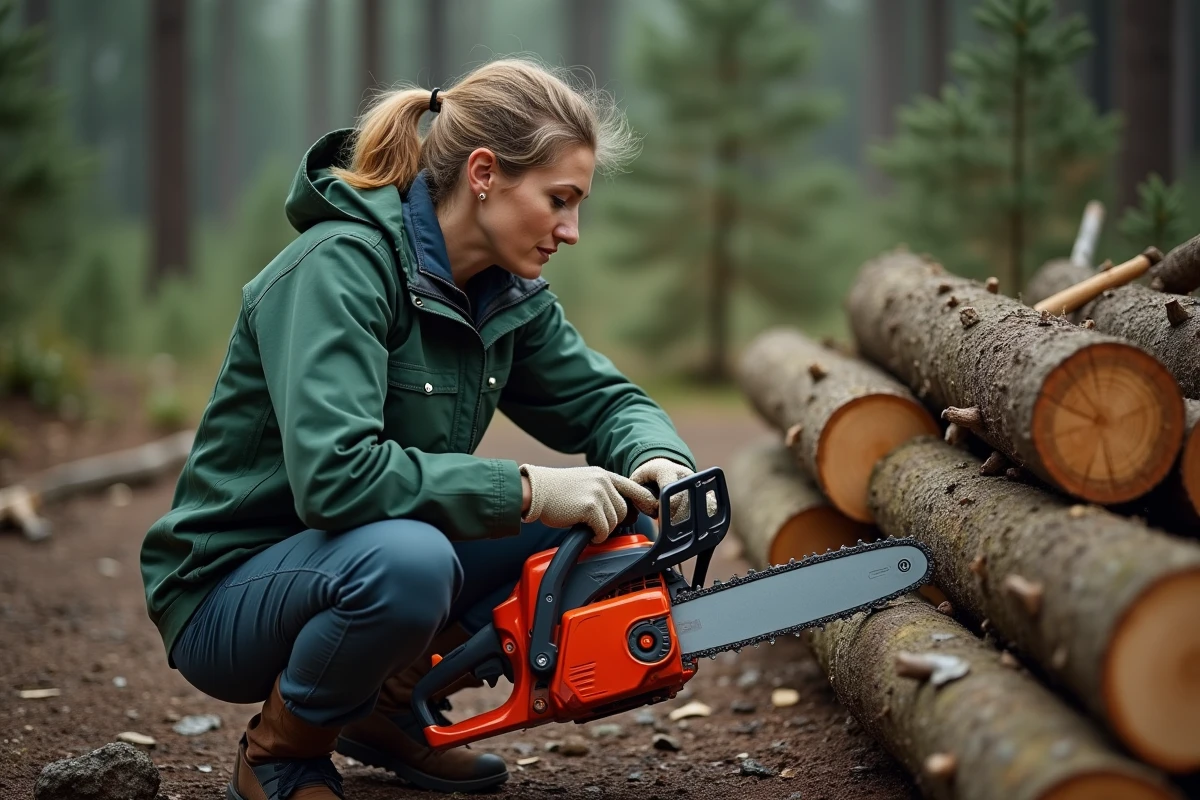 Femme inspectant la lubrification de la chaîne de sa tronçonneuse électrique dans un jardin boisé après coupe de bois