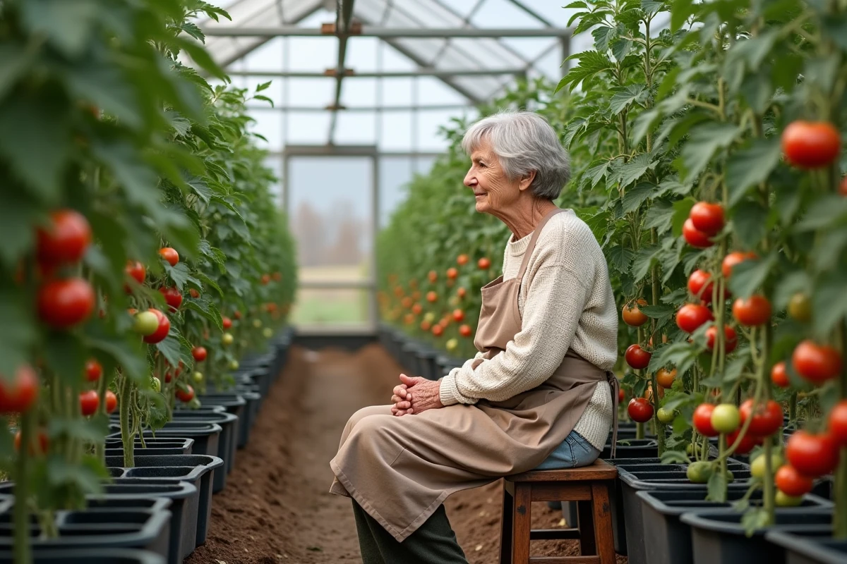Femme âgée inspectant des tomates mûres dans une serre moderne