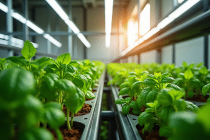 Ferme urbaine moderne avec basilic et laitues sous LED