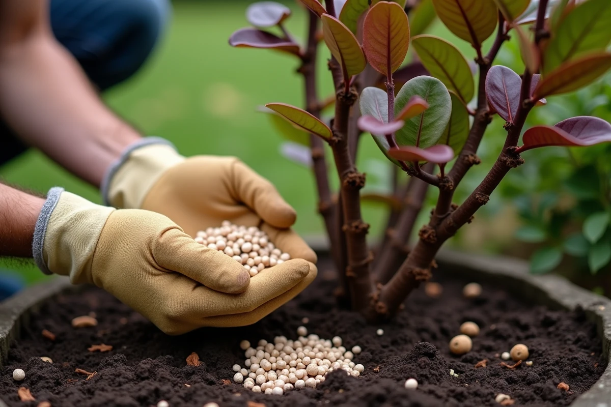 Mains de jardinier appliquant un engrais granulé au pied d'un Pittosporum Kohuhu pour booster la couleur du feuillage