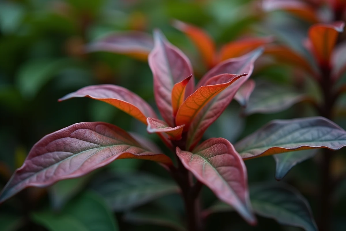 Gros plan sur les feuilles contrastées d'un Pittosporum Kohuhu montrant la nouvelle pousse bronze et le feuillage mature pourpre sombre