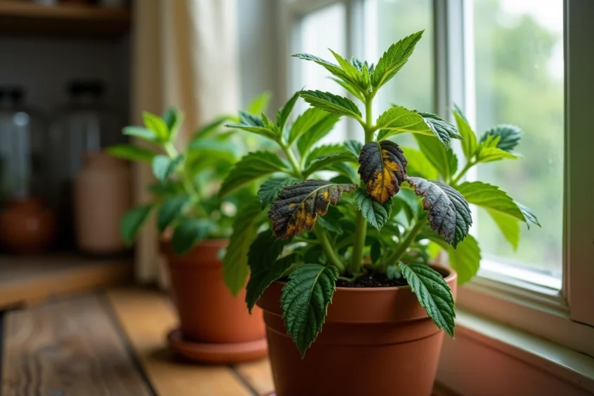 Feuilles de menthe en pot noircissant sur le bord d'une fenêtre de cuisine avec sol détrempé