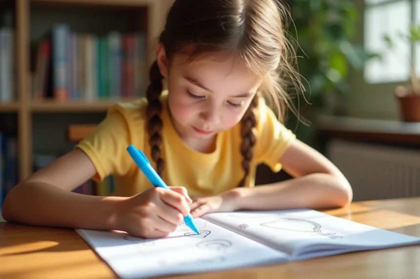 Jeune fille dessinant une fleur en U dans un cahier de vacances sur une table en bois