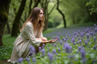 Jeune femme contemplant des violettes dans un jardin naturel