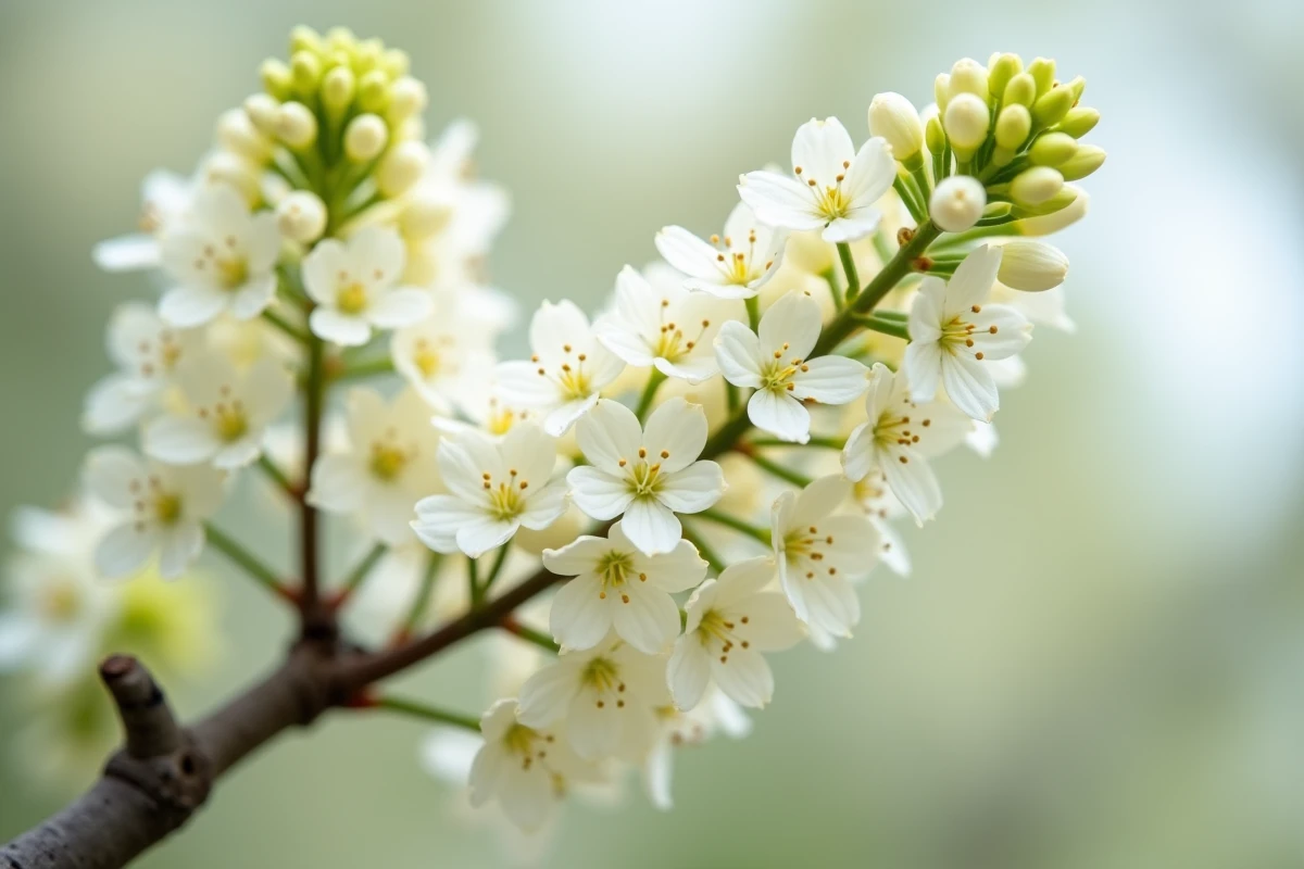 Gros plan sur les fleurs blanches en panicules du lilas du Japon, détail botanique pour guide d'achat
