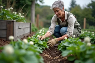 Jardinière examinant la floraison des plants de pommes de terre pour estimer la date de récolte