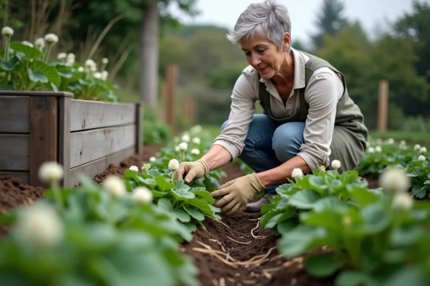 Jardinière examinant la floraison des plants de pommes de terre pour estimer la date de récolte