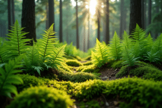Forêt verdoyante avec mousse et fougères en premier plan