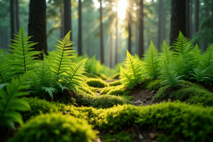 Forêt verdoyante avec mousse et fougères en premier plan