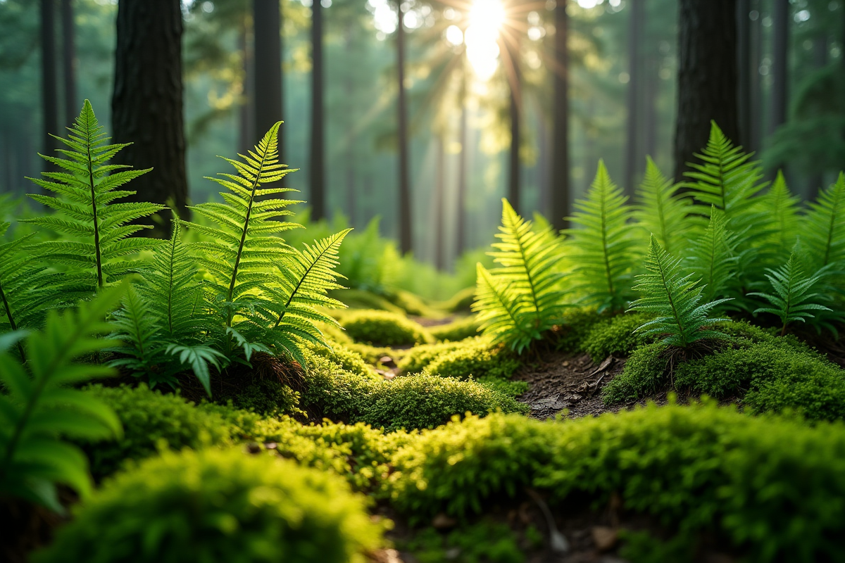 Forêt verdoyante avec mousse et fougères en premier plan