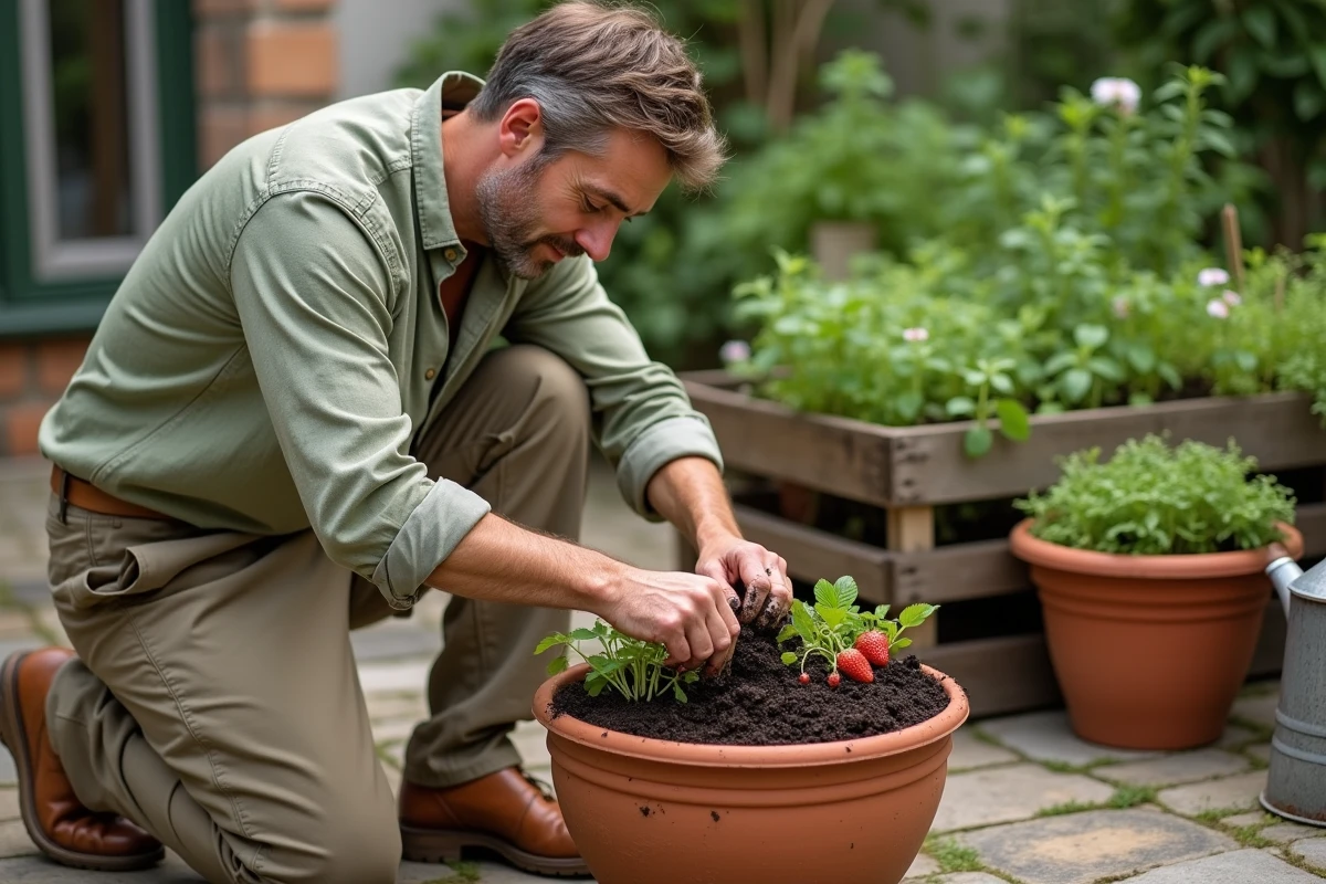Homme entretenant des fraisiers en pot sur une terrasse en pierre avec du compost maison