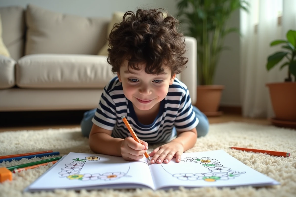 Garçon complétant un exercice de fleur en U dans un livre de jeux enfants sur un tapis