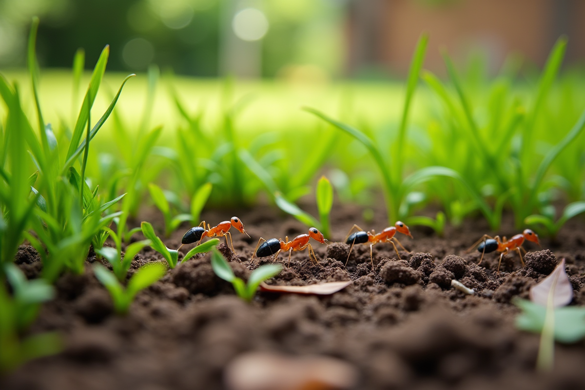 Gazon avec fourmis transportant des graines sur le sol humide