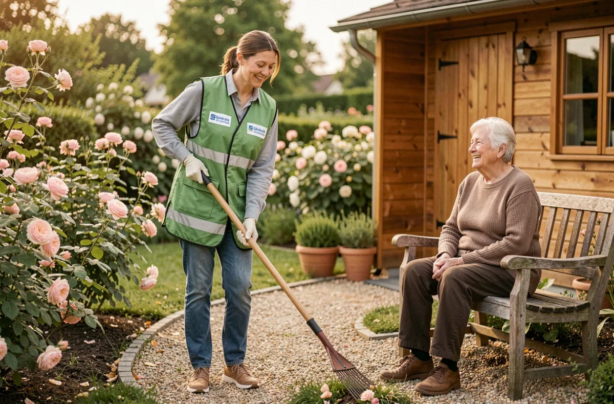 Générale des Services Grand Est : aide à domicile entretenant un jardin résidentiel alsacien sous le regard d'un senior